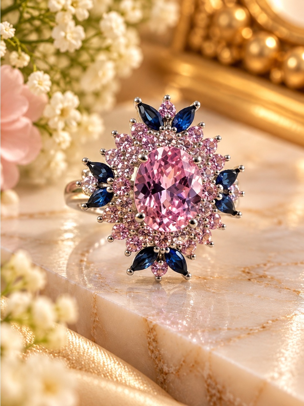 925 Sterling Silver Pink & Blue Crystal Statement Cocktail Ring. Size 6